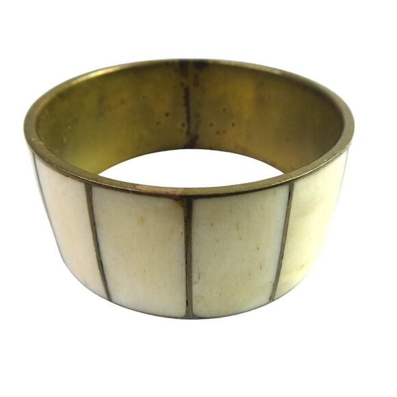 Vintage Bone Scrimshaw Inlay Inlaid Wide Bangle Bracelet Chunky Boho Festival - Picture 1 of 10